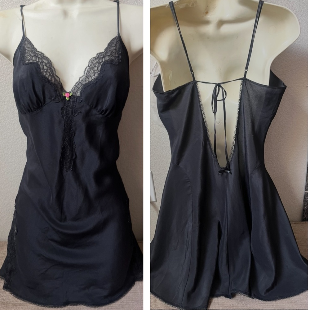 Vintage Betsey Johnson Black Silk & Lace Backless Slip Babydoll L